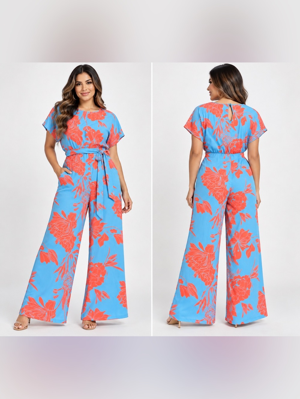 Blue Orange tropical floral jumpsuit short batwing sleeve wide legs XL tie waist